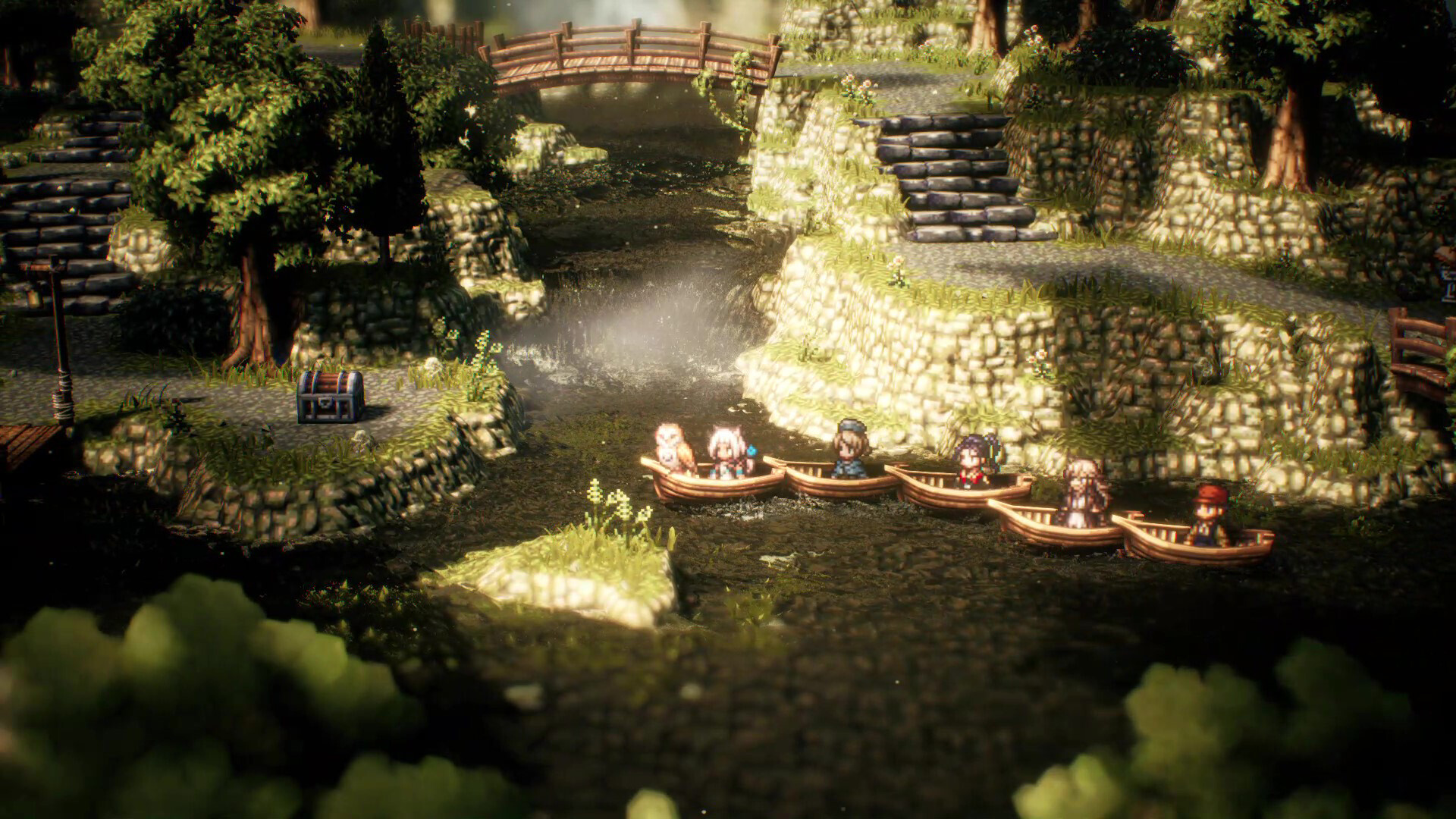 A party travels by boat through a sunlit waterway.