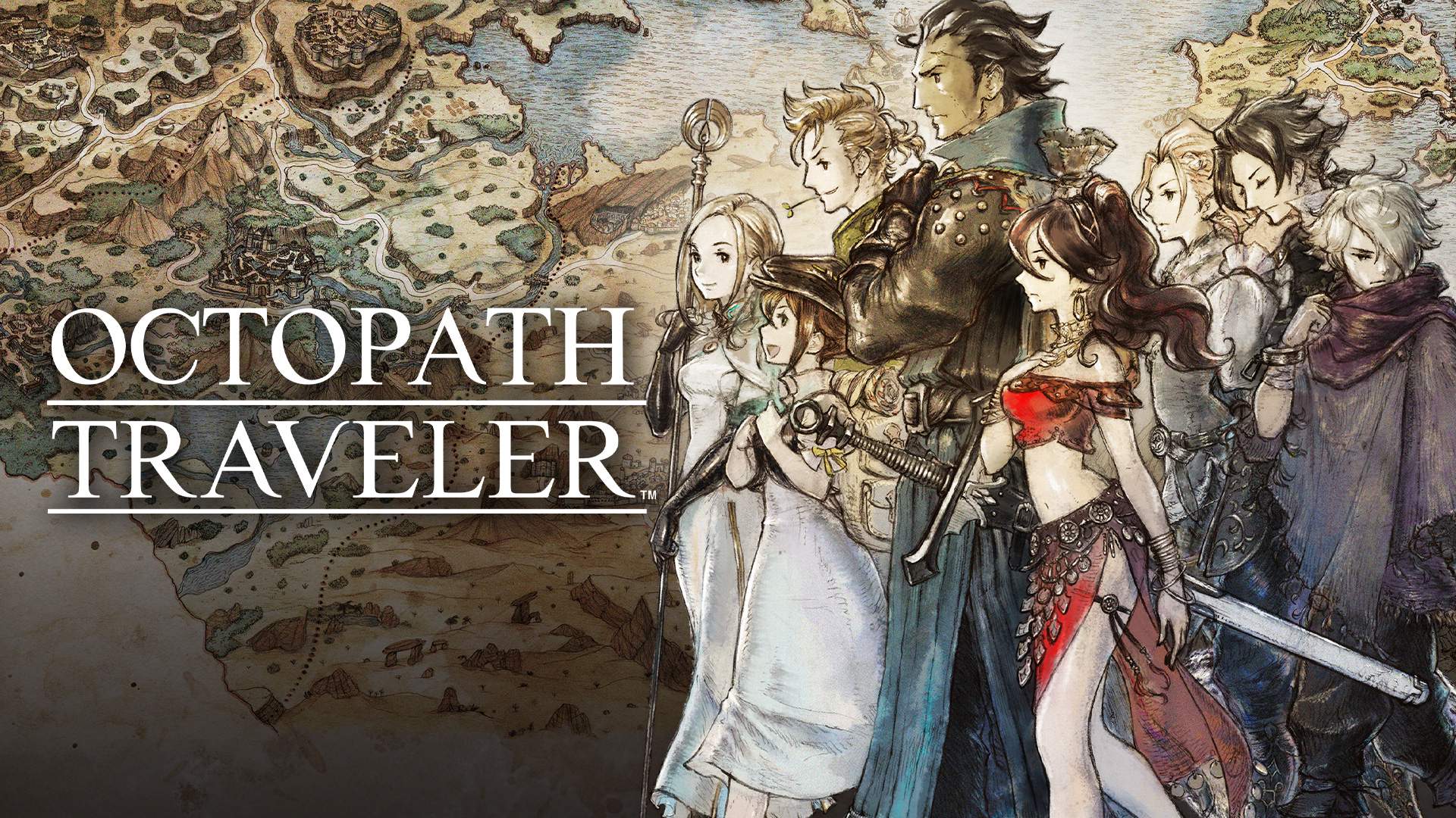 Eight illustrated travelers gather beside the Octopath Traveler title over a map of Orsterra.