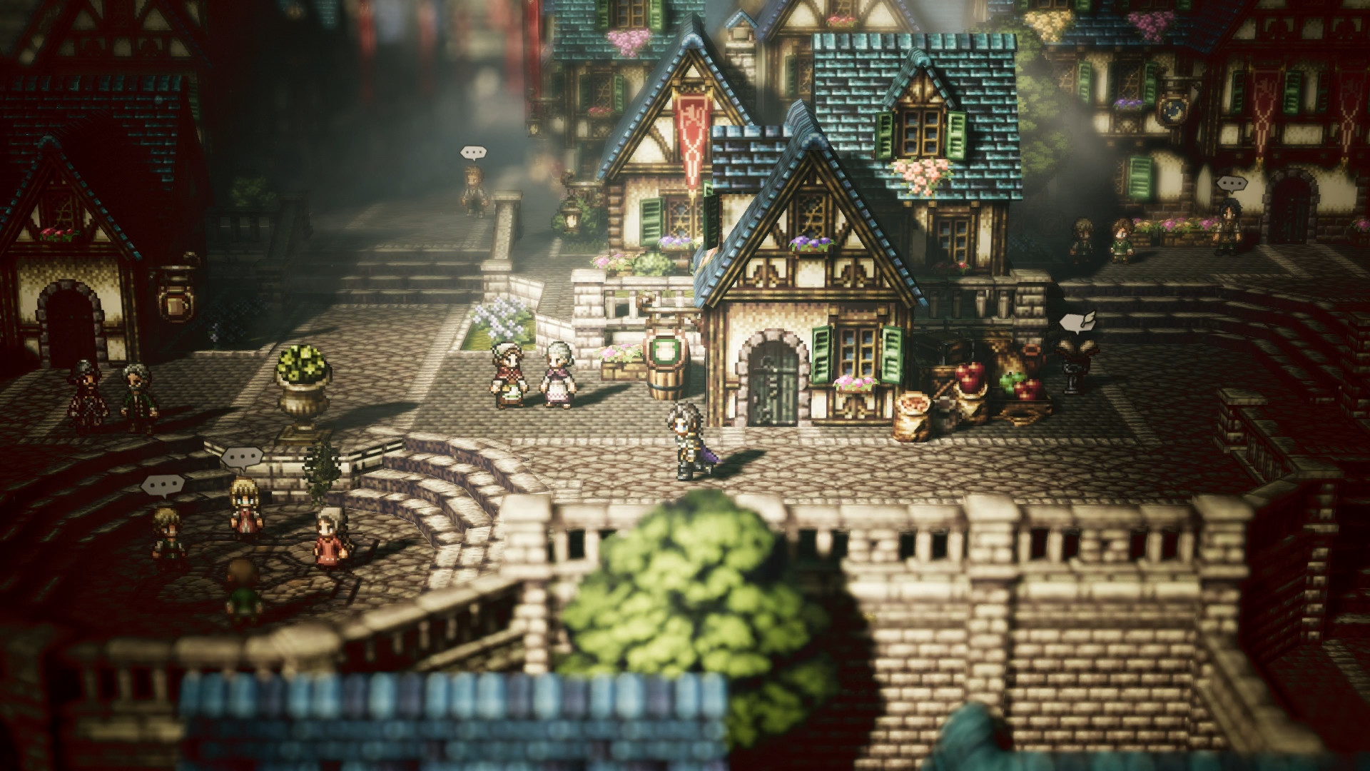 Pixel-art travelers cross a stone town square.
