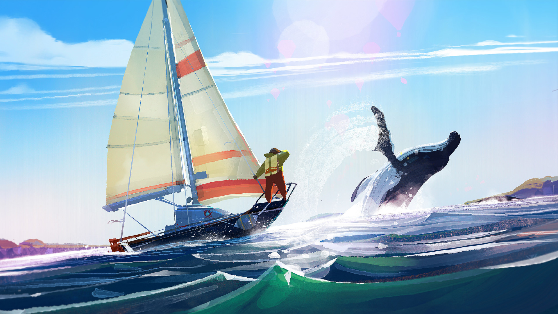 An old man stands on a sailboat as a whale leaps from the sea.