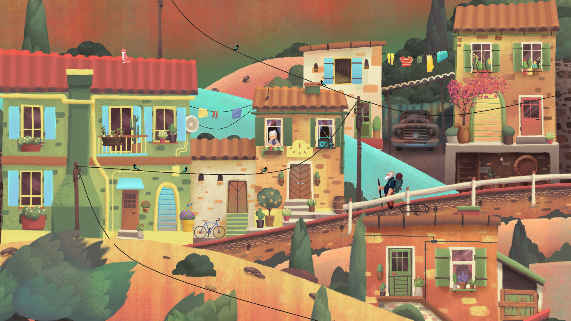 Colourful hills and village buildings fill the old man’s route.