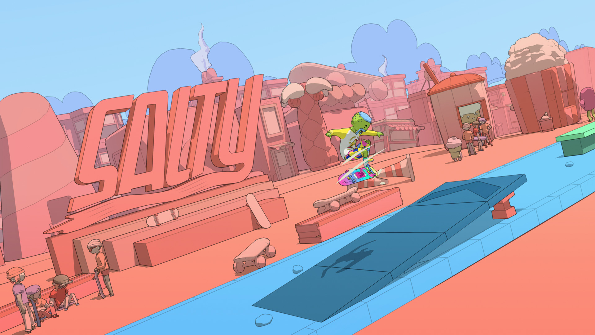 A skater rides through the colorful Sunshine Valley level.