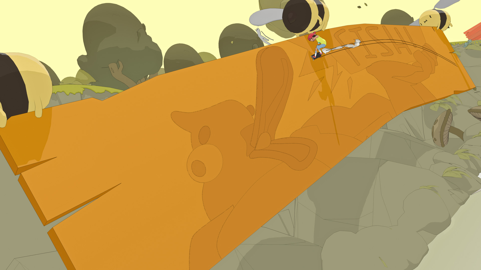 A skater grinds a broad orange rail high above a stylized landscape.