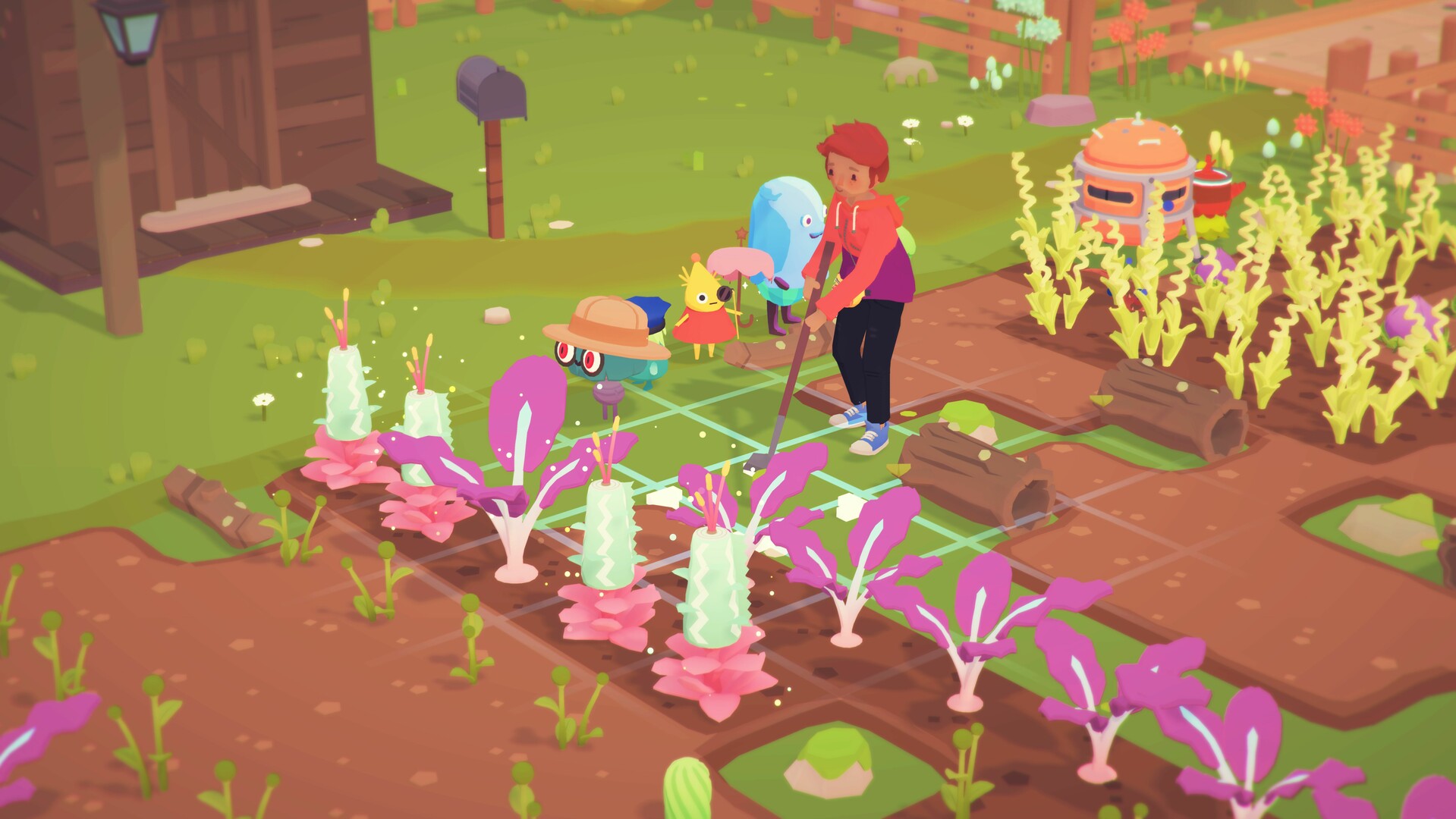 A farmer waters crops while ooblets follow in a colourful garden.
