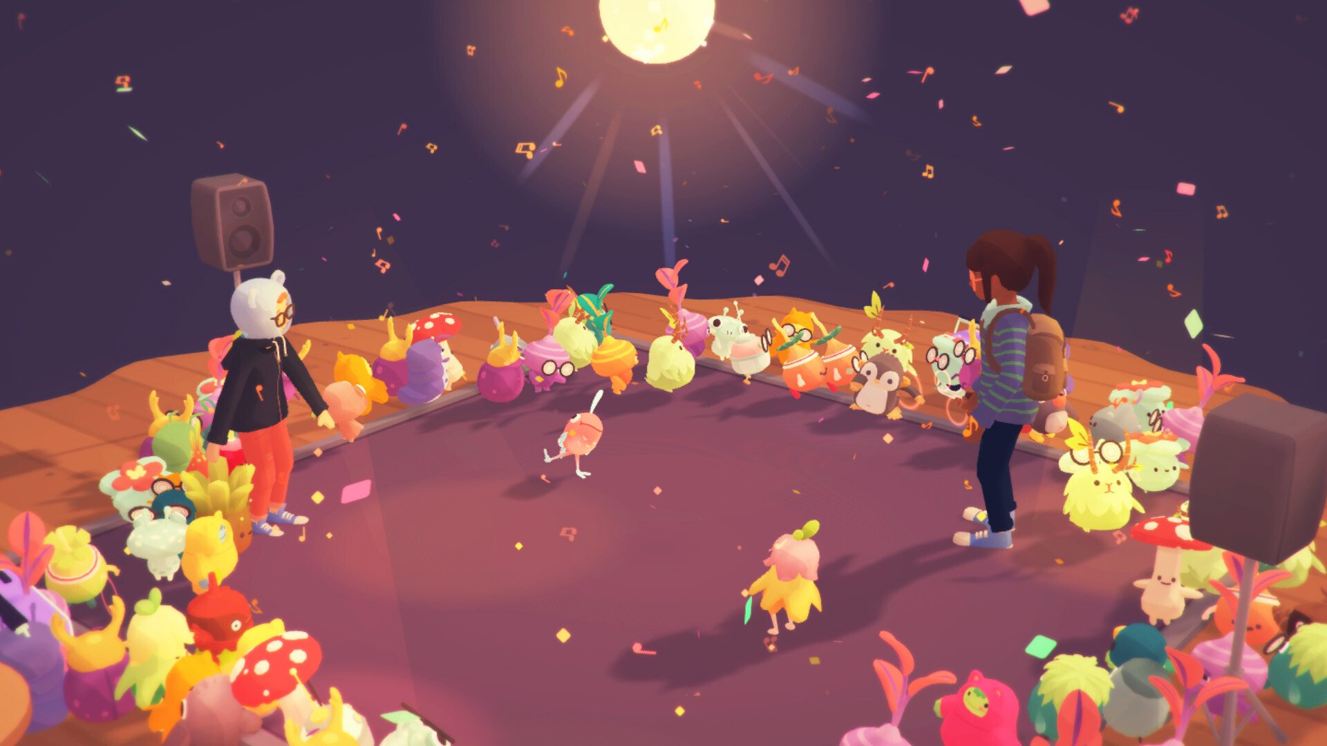 Two characters and a crowd of ooblets take part in a dance-off.