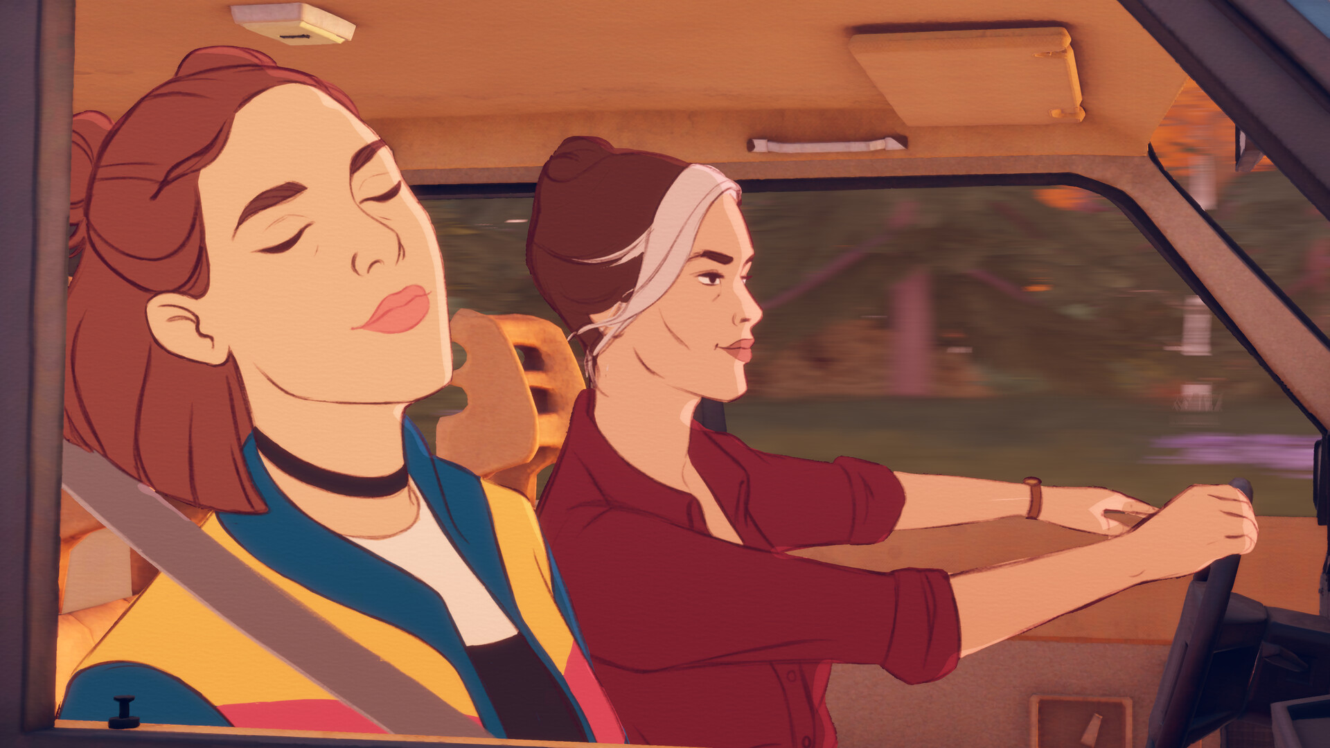 Tess and Opal sit together in the car while Opal drives.