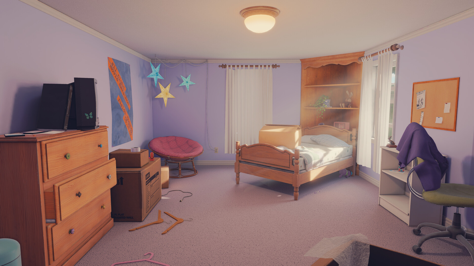A bedroom contains a bed, furniture and personal objects to examine.