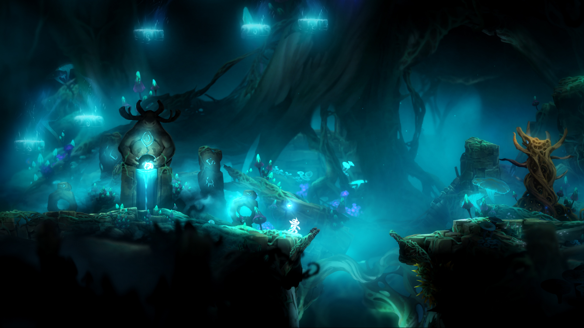 Ori crosses a blue-lit forest cavern beside an ancient structure.