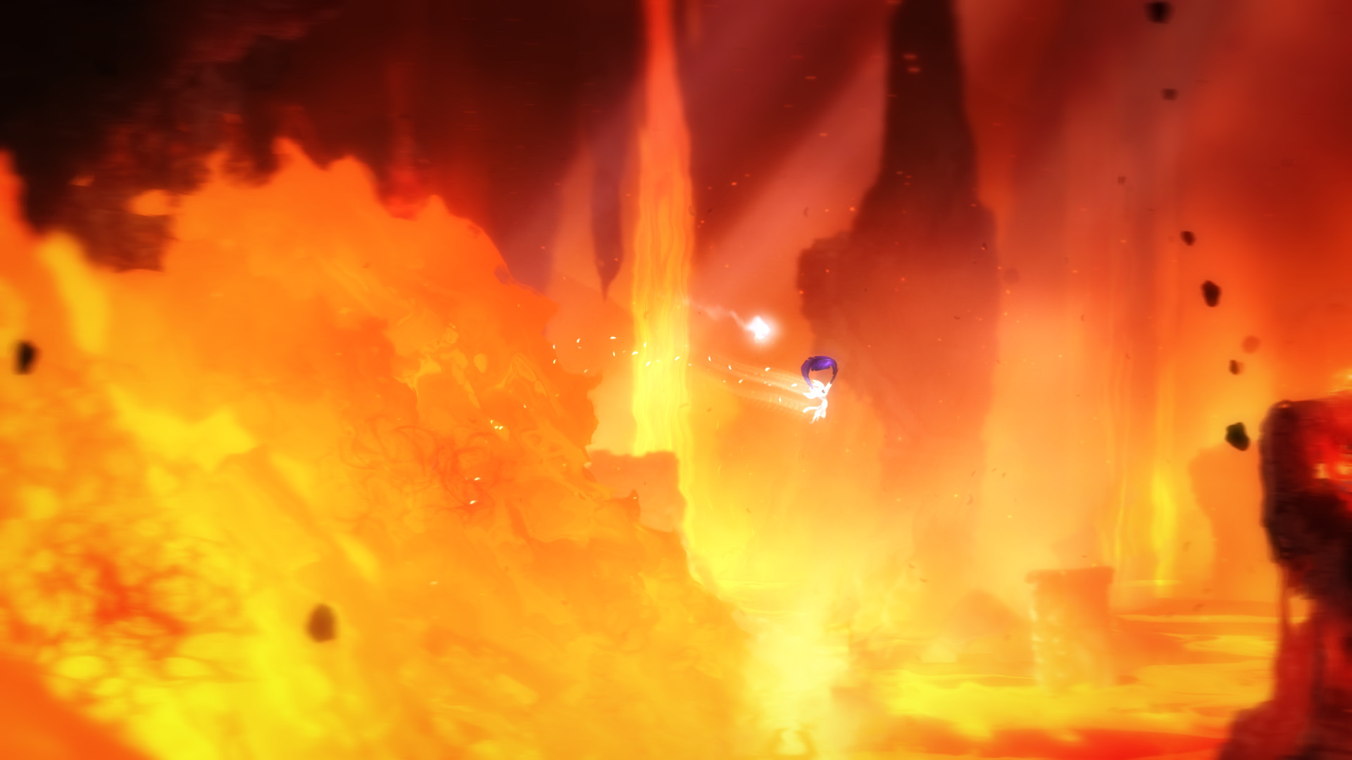Ori moves through a fiery area filled with falling debris.