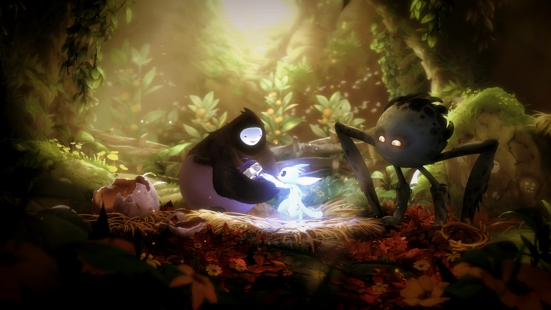 Ori stands between Naru and Gumo in a sunlit forest.