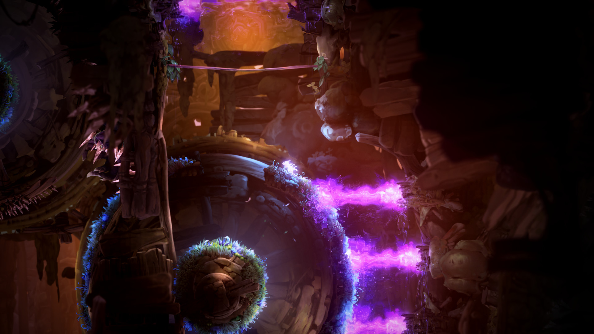 Ori crosses a cavern filled with flowing water and purple hazards.