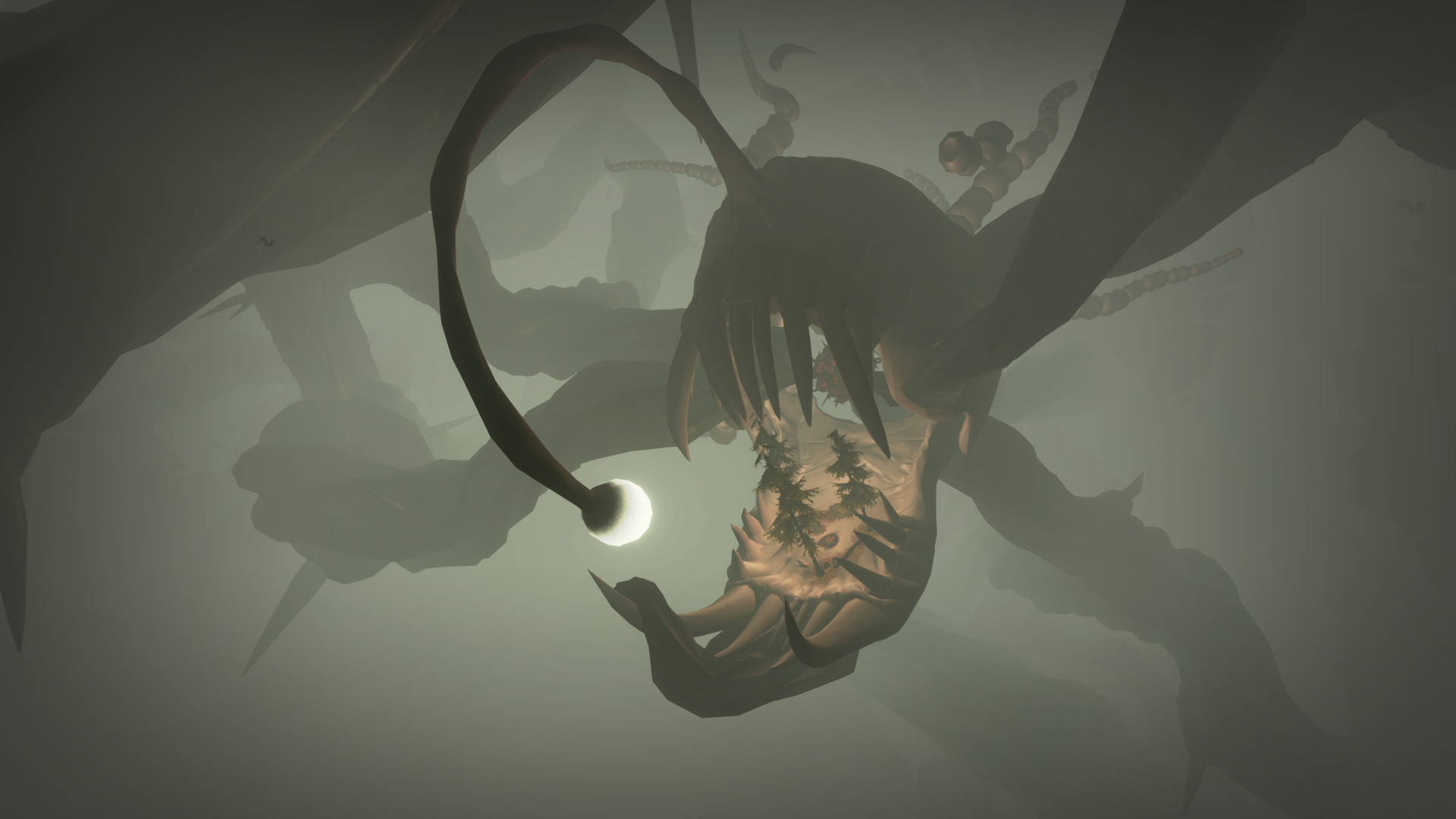 An anglerfish looms in the fog during space exploration.