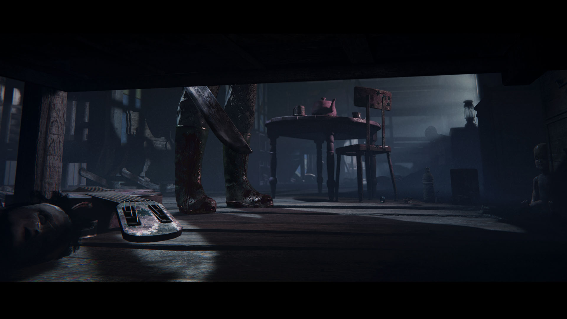 A figure stands over the player in a dark interior.