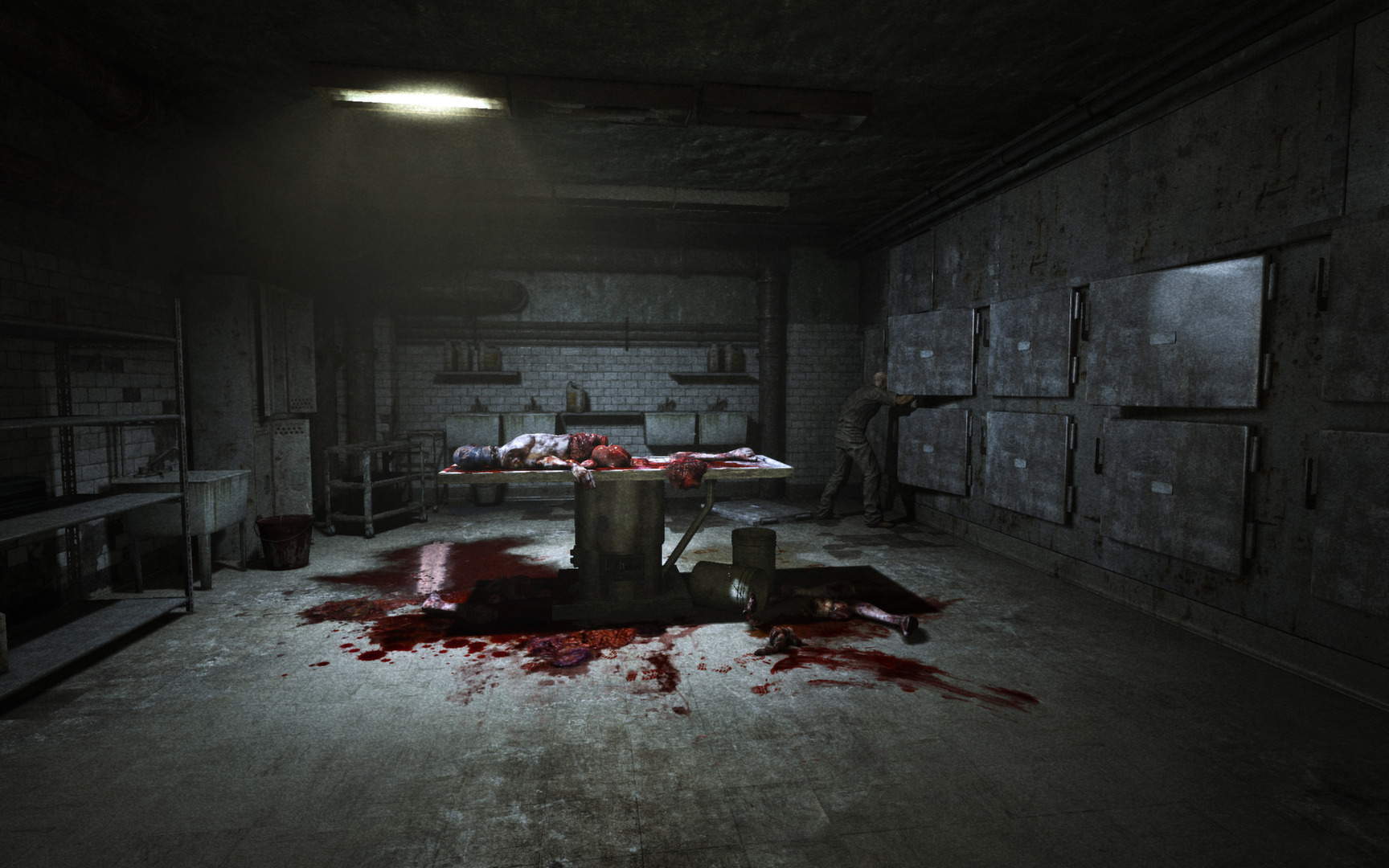 A blood-stained room contains a table beneath a ceiling light.