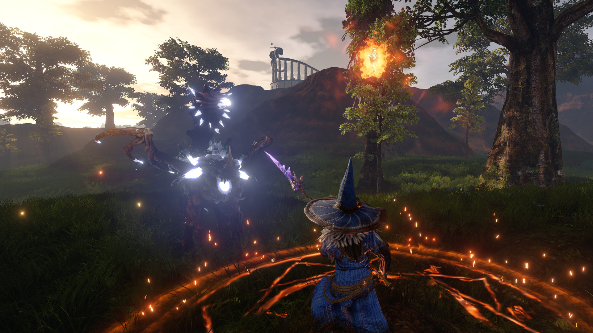A cloaked character faces a glowing creature inside a ring of fire.