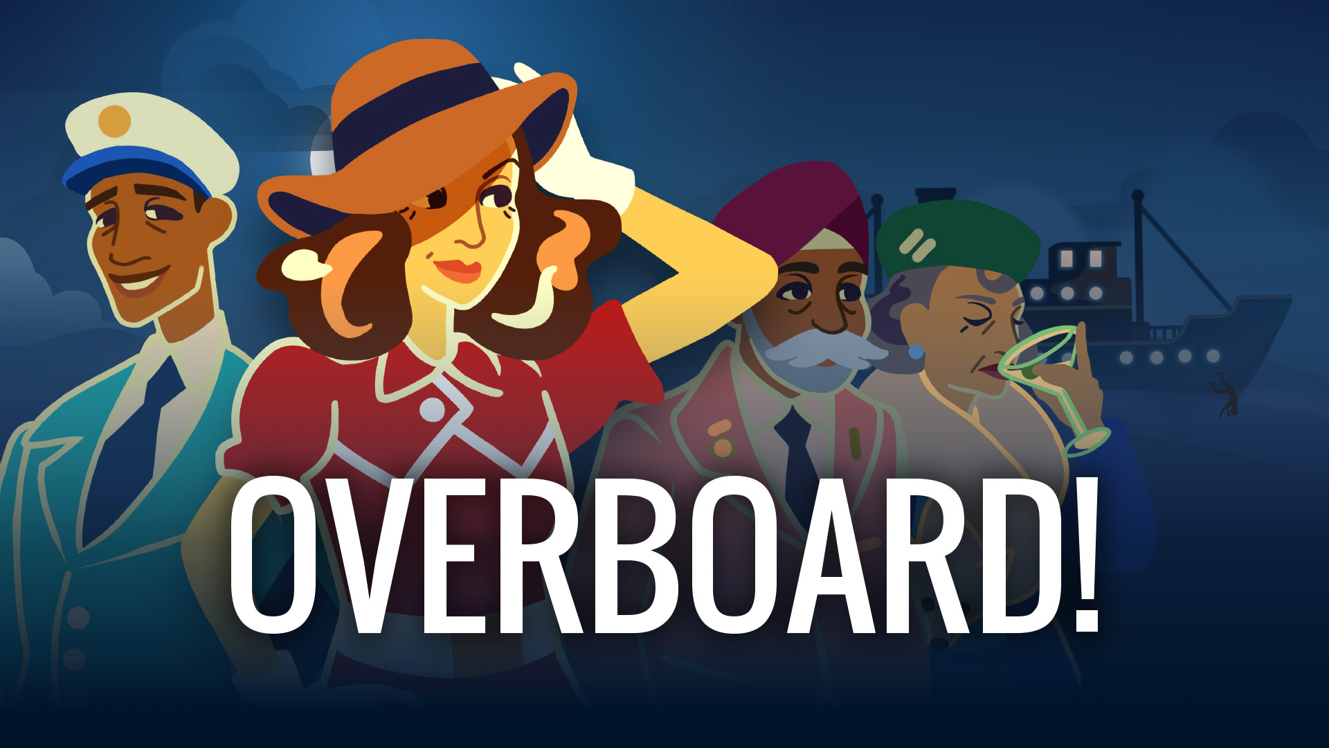 Official inkle key art shows Veronica and fellow passengers beneath the Overboard! title.
