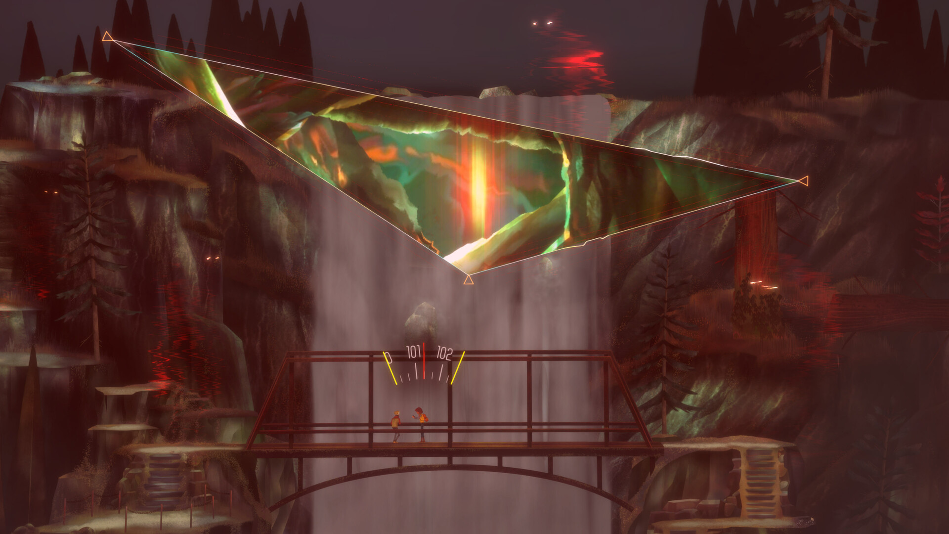 Two figures stand on a bridge beneath a multicolored rift.