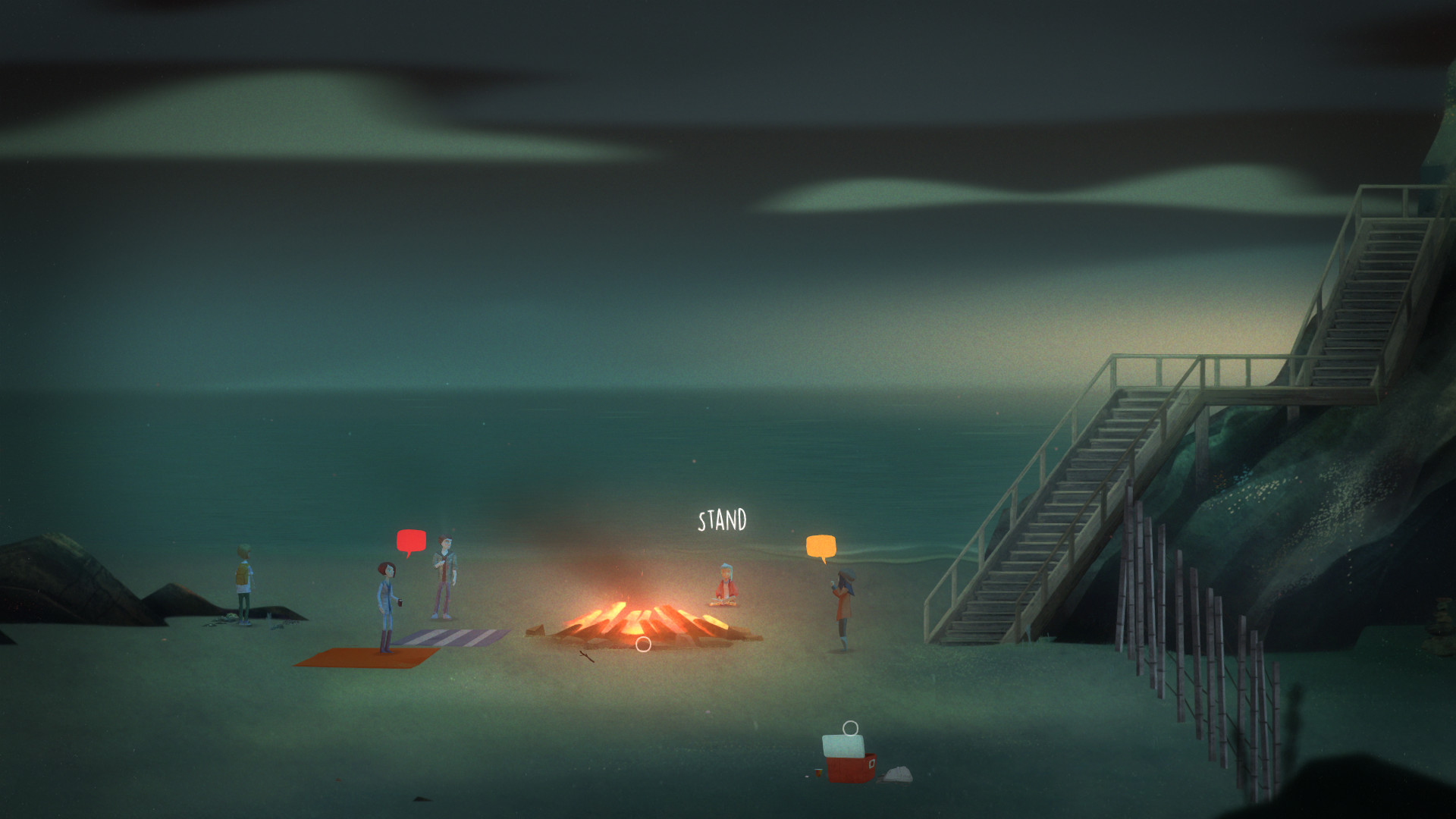 Friends gather around a campfire on the island shoreline.