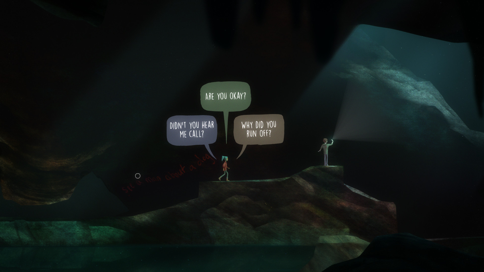 Dialogue choices appear above Alex and her companion in a cave.