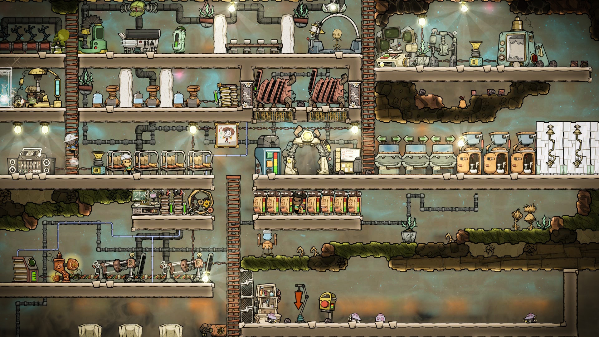 A cutaway view shows rooms, machinery and Duplicants inside an asteroid colony.