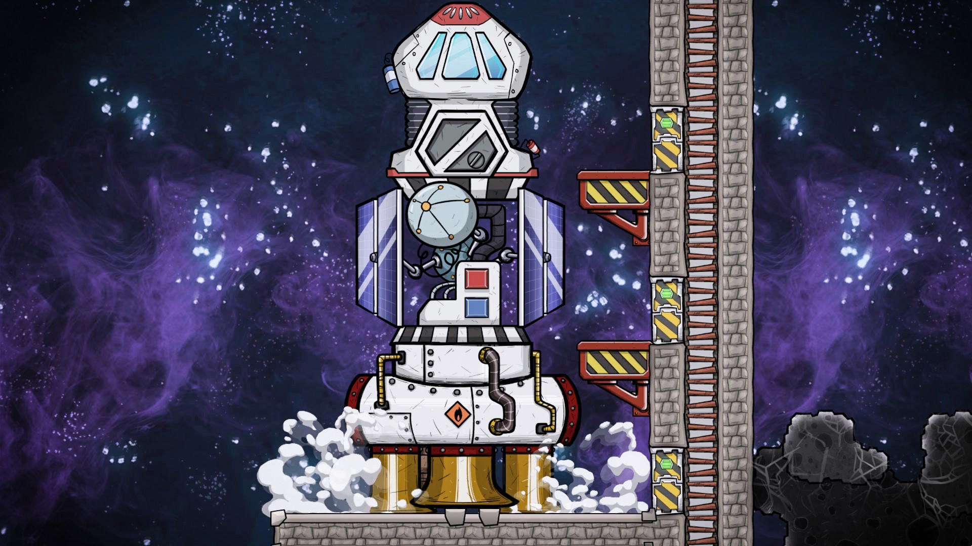 A rocket launches from a colony platform into space.