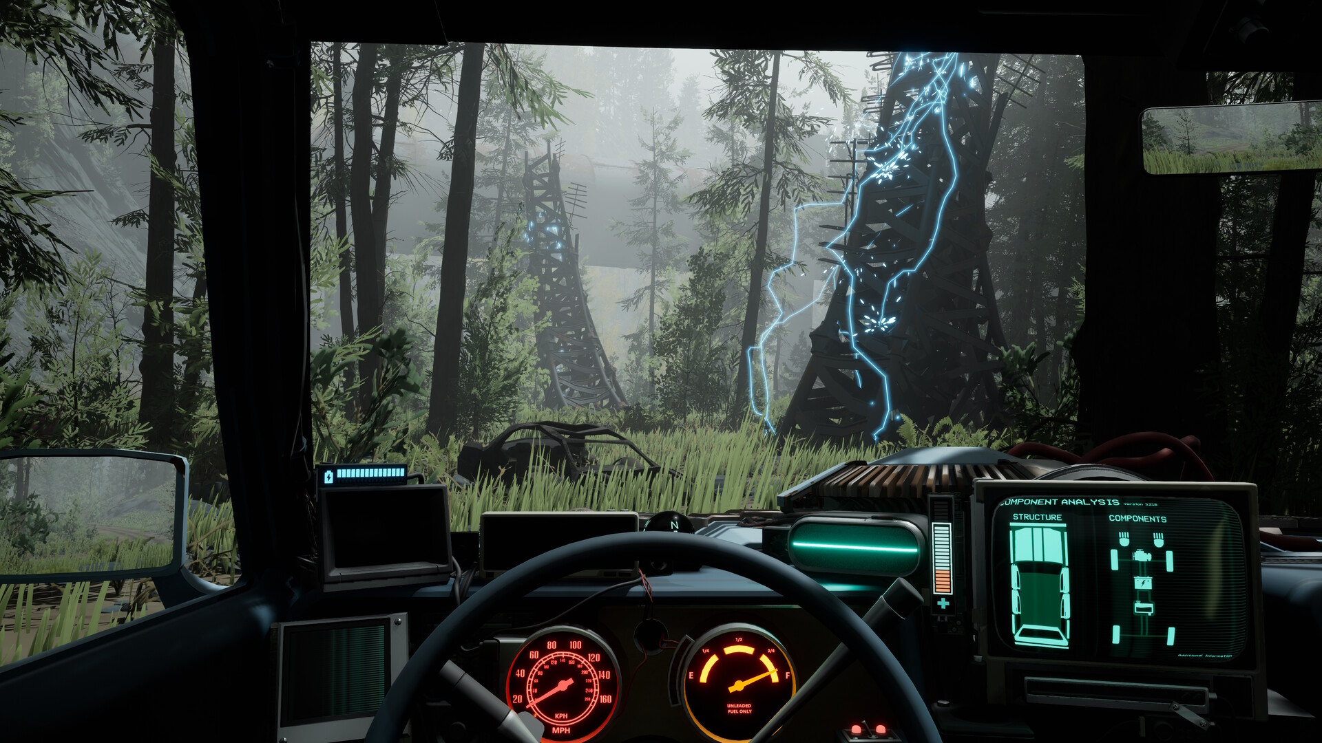 The driver views an electrical anomaly through the wagon’s windscreen.
