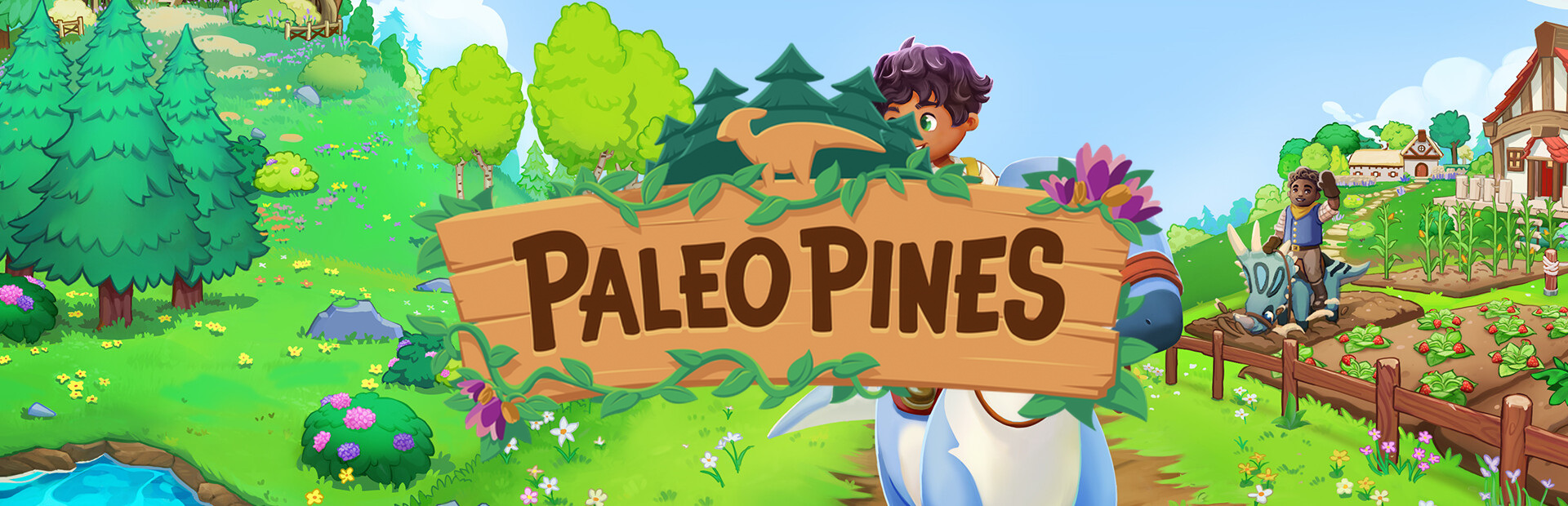 Official Steam library artwork places the Paleo Pines title over a ranch landscape with dinosaurs.