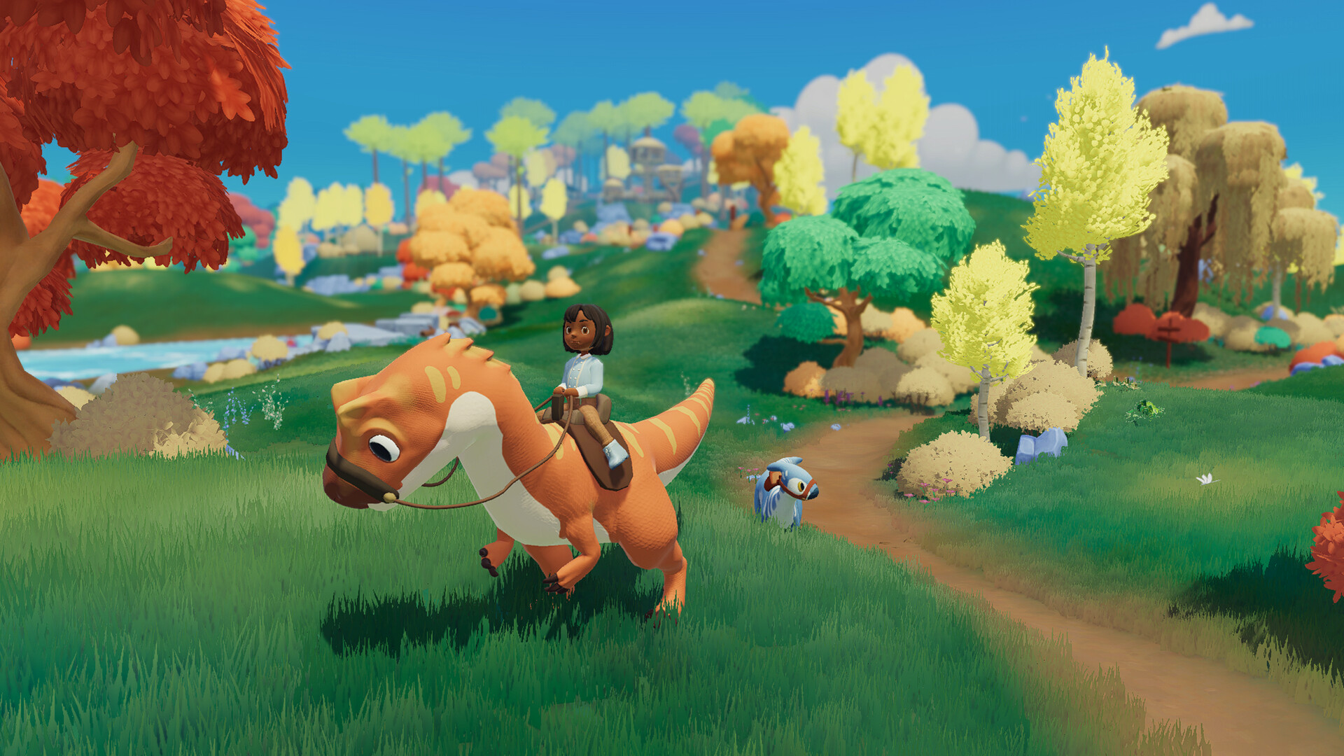 A rider travels a woodland path on a dinosaur with another dinosaur nearby.
