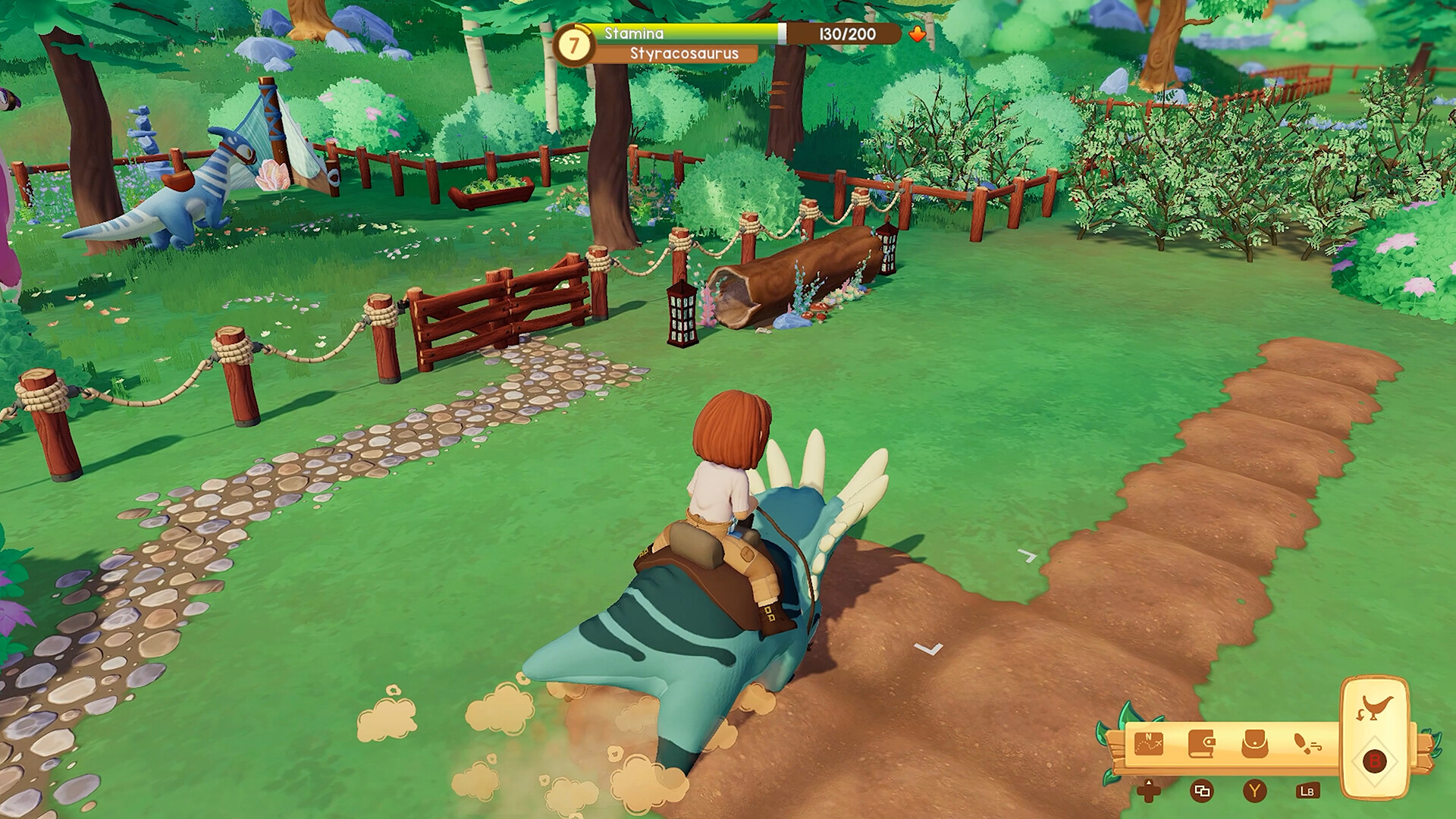 A rider approaches a fenced dinosaur pen on a blue Styracosaurus.