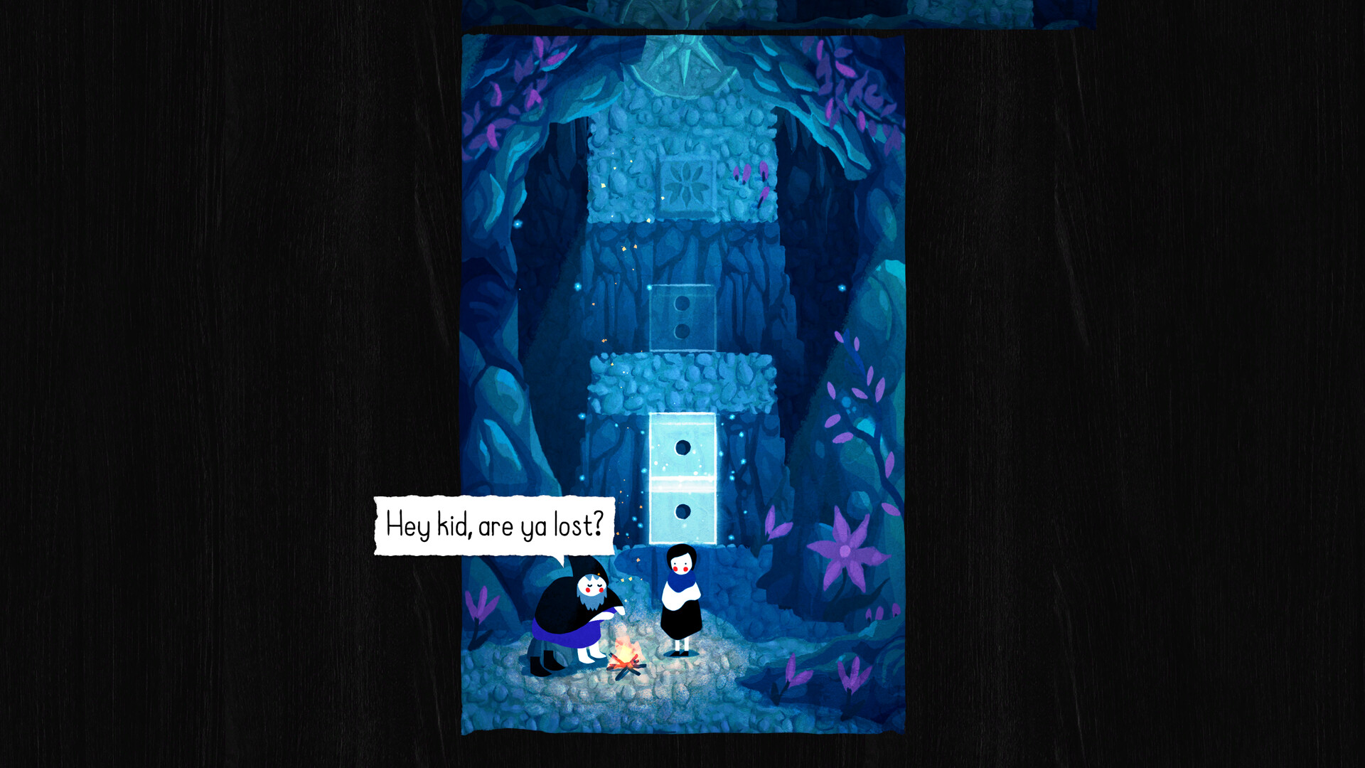 Two characters talk beside a blue paper-folding puzzle.