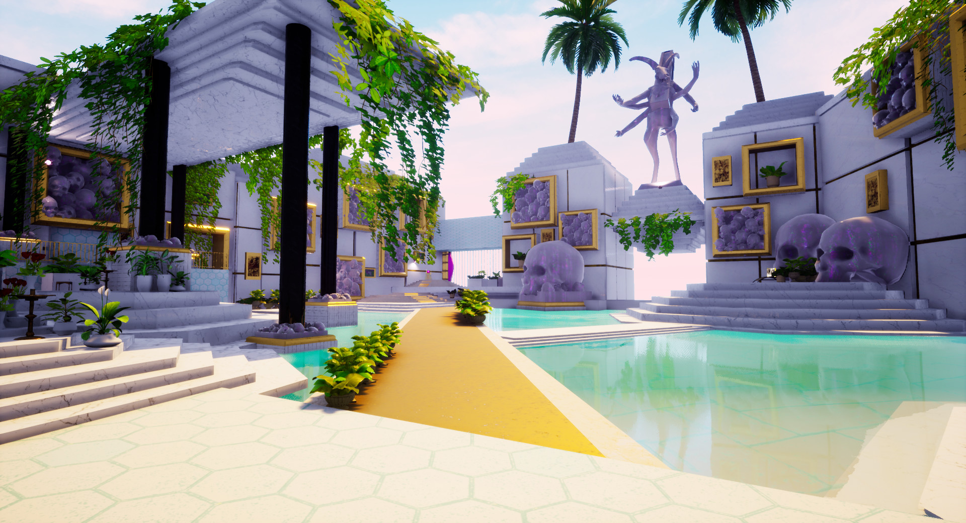 A white plaza on Paradise Island frames statues, skulls and pools.