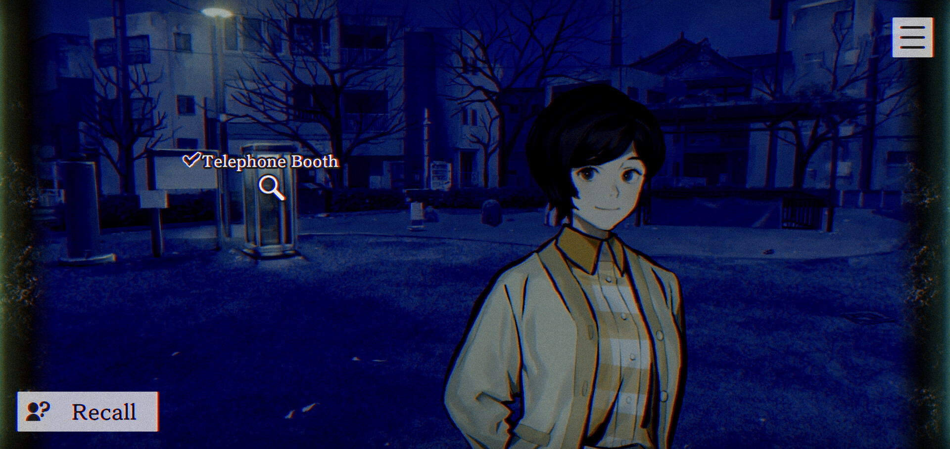 A character stands near a telephone booth in a dark Sumida street.
