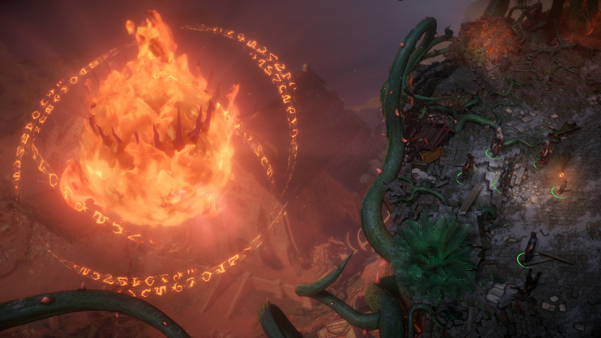 A ring of fire burns above a forest encounter.