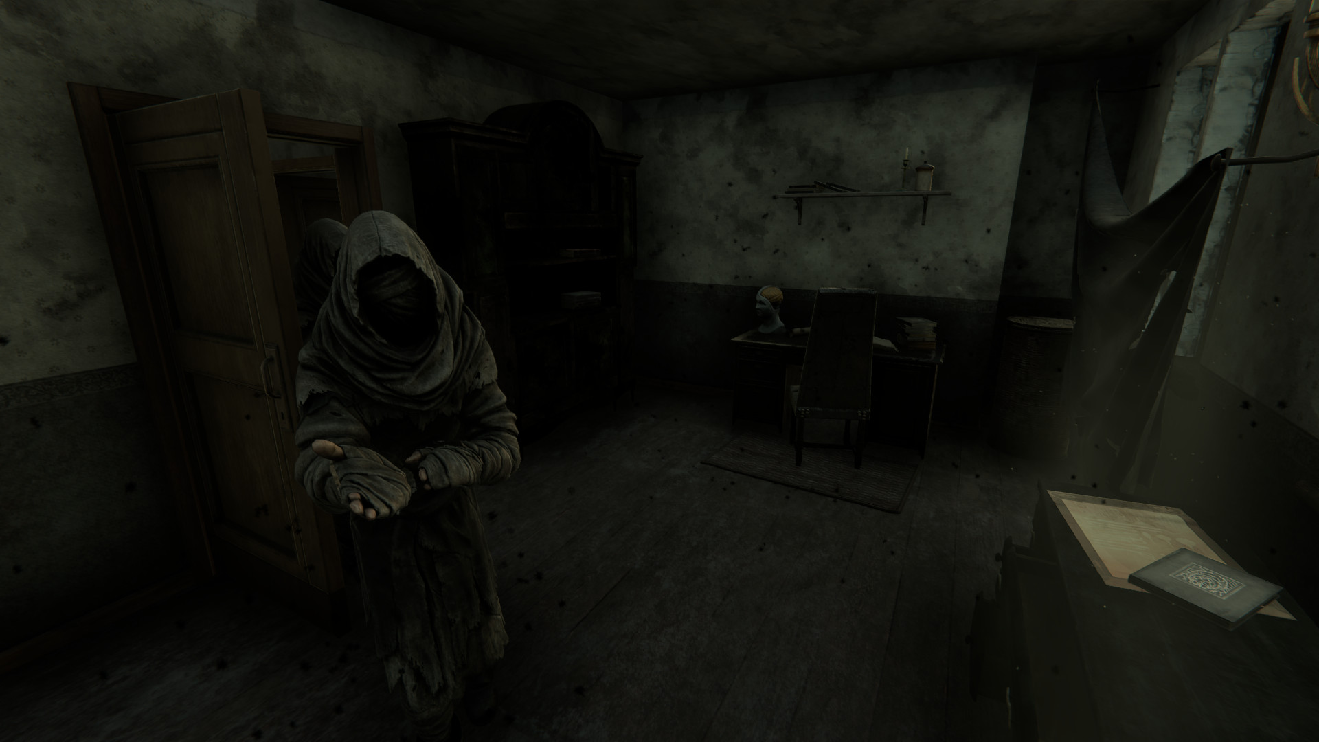 A hooded figure stands inside a dim room in the plague-stricken town.