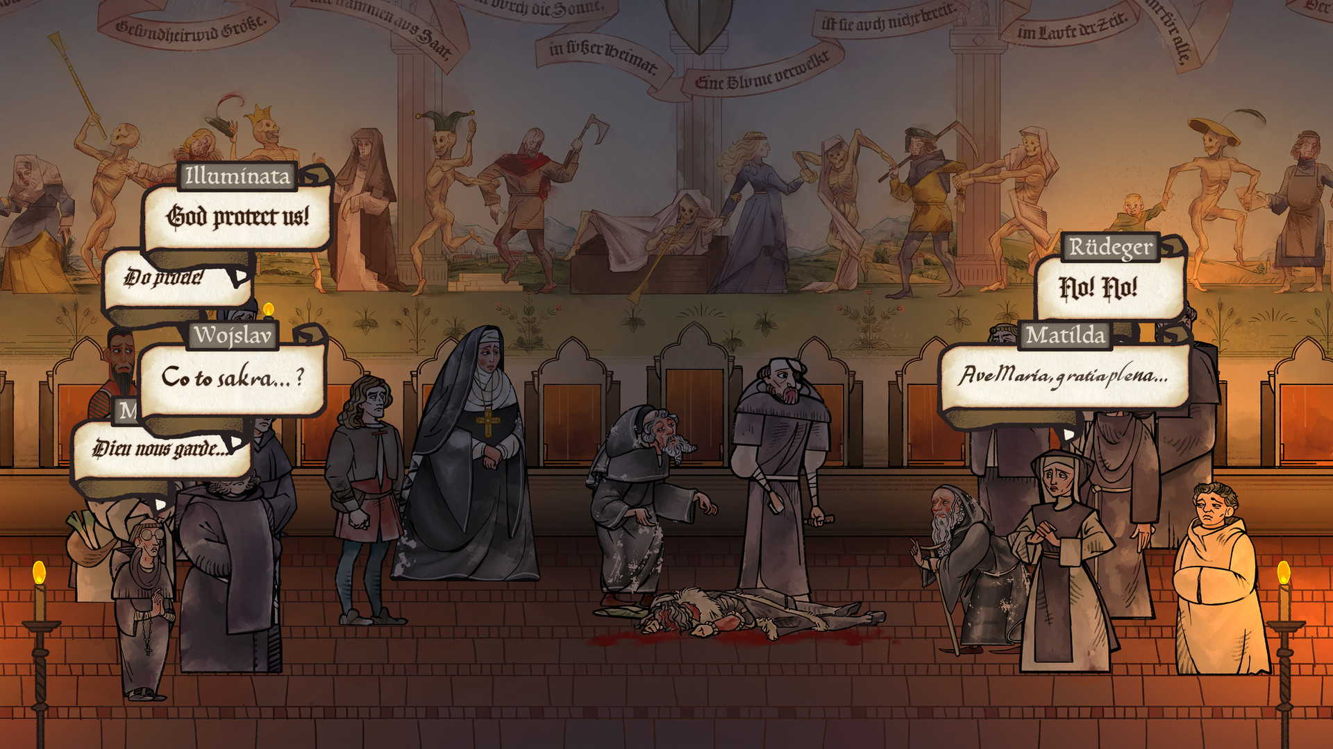 A crowd gathers inside a chapel around a figure on the floor.