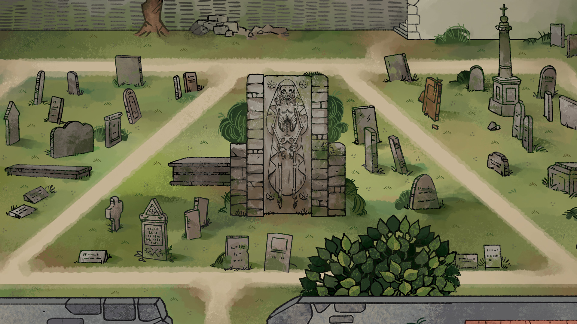 Paths cross around a stone monument in a graveyard.