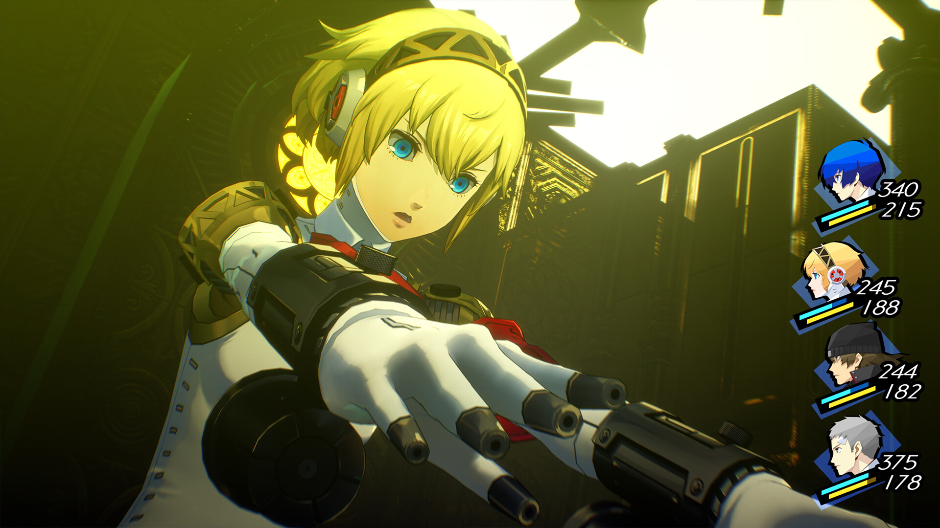 A party member aims her Evoker during a turn-based battle.