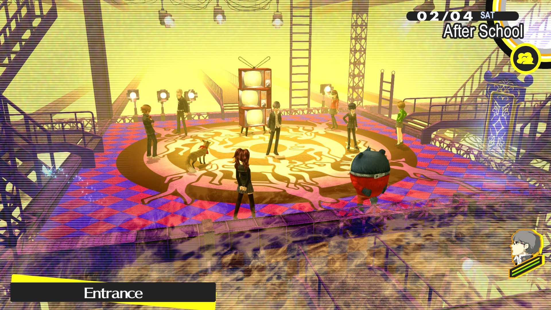 Party members gather at the entrance to a bright television-world dungeon.