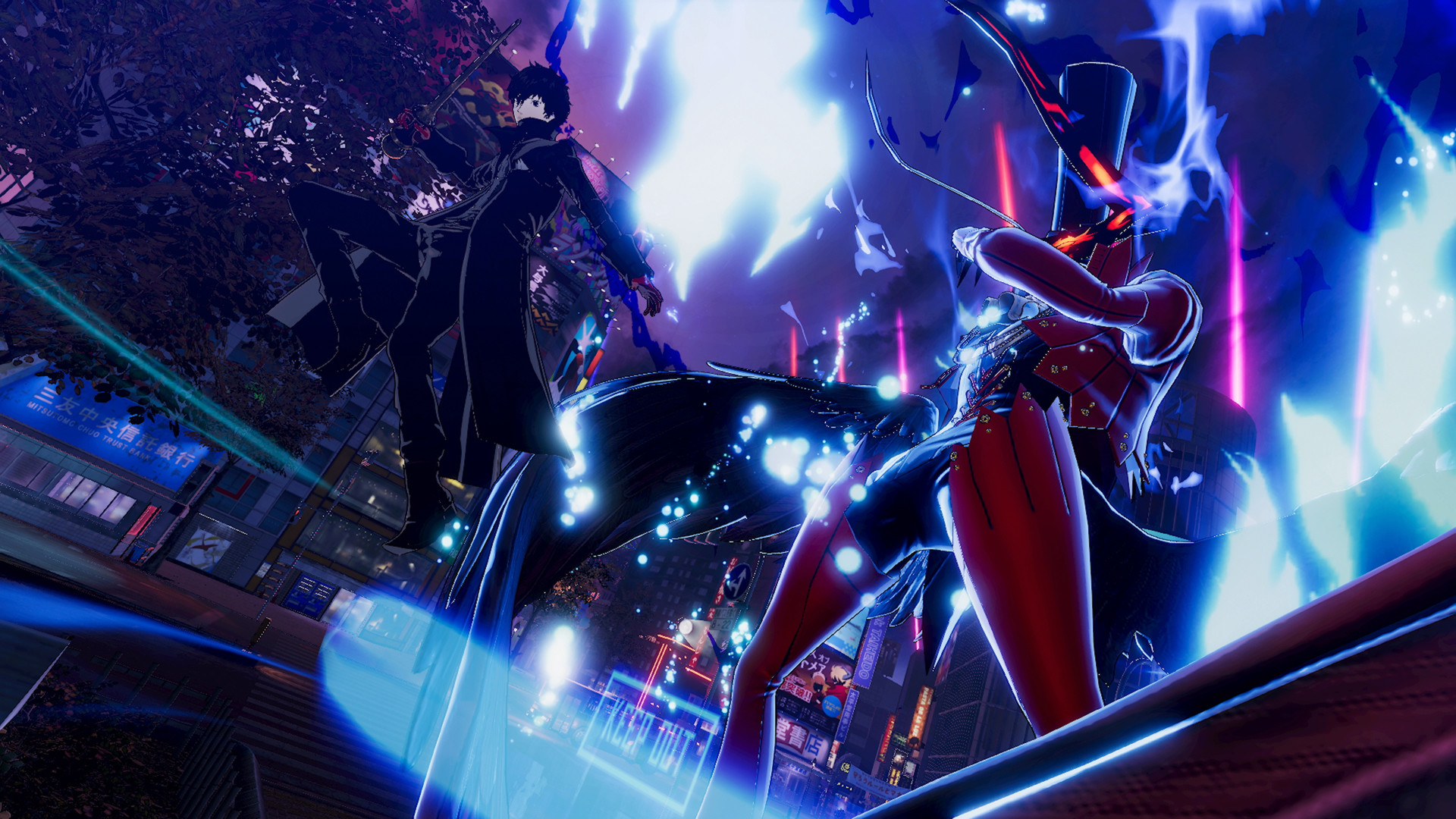 Joker and another Phantom Thief attack an enemy in a city street.