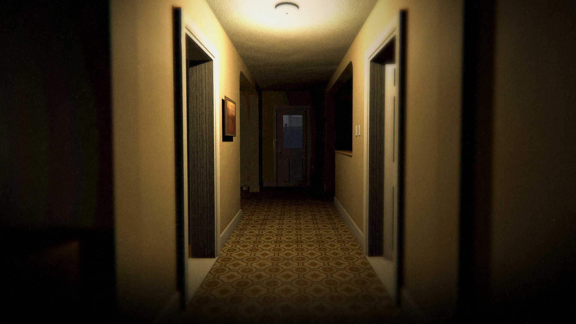 A quiet hallway leads deeper into a dark location.