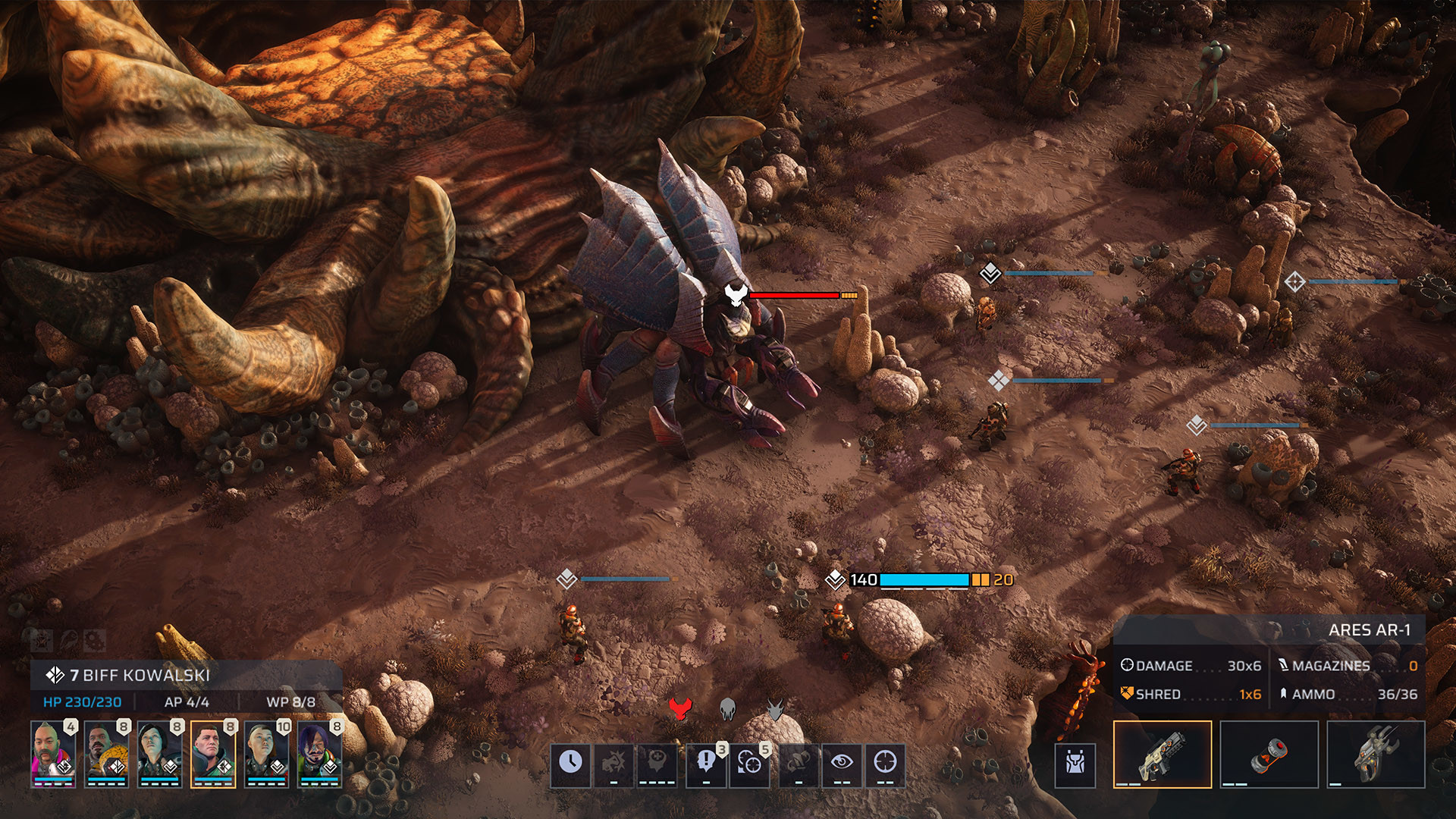 A Phoenix squad faces a large creature during a tactical battle.