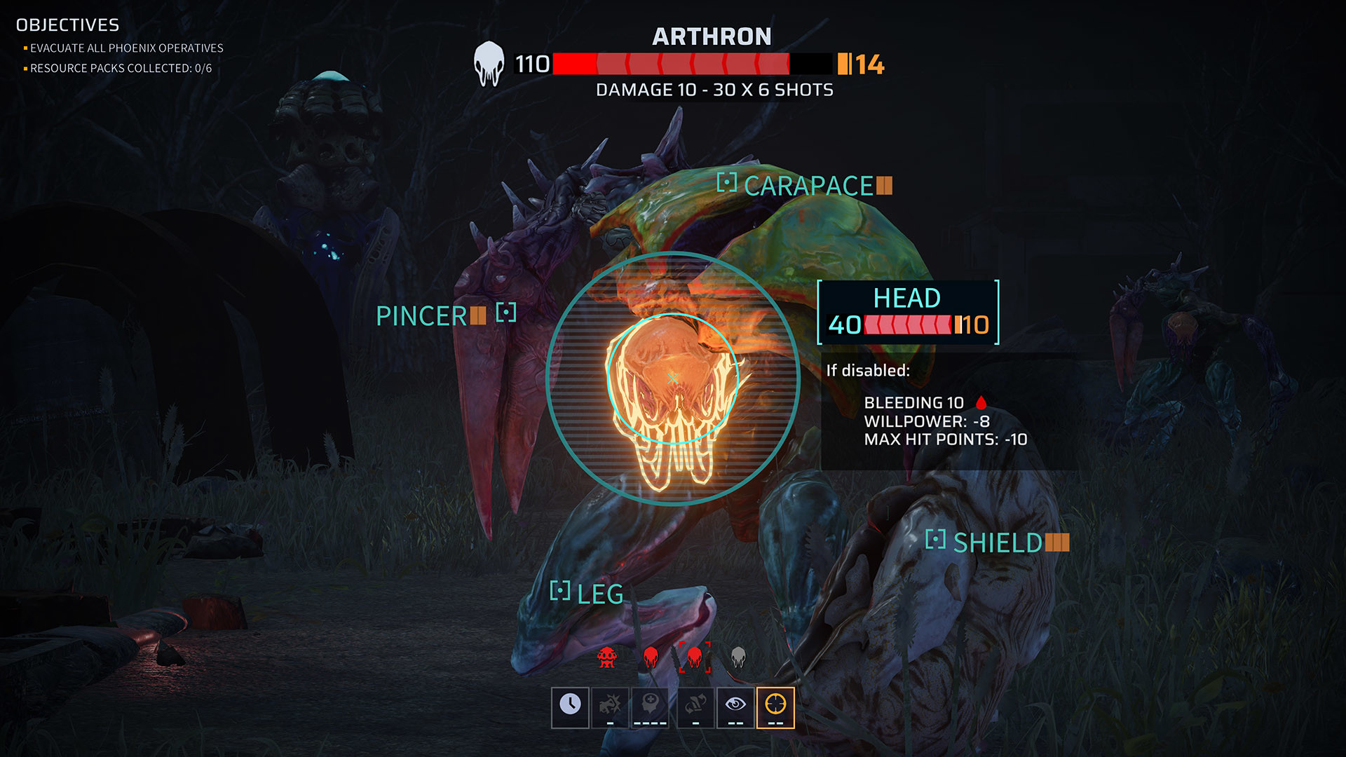 A targeting view highlights an Arthron’s body parts.