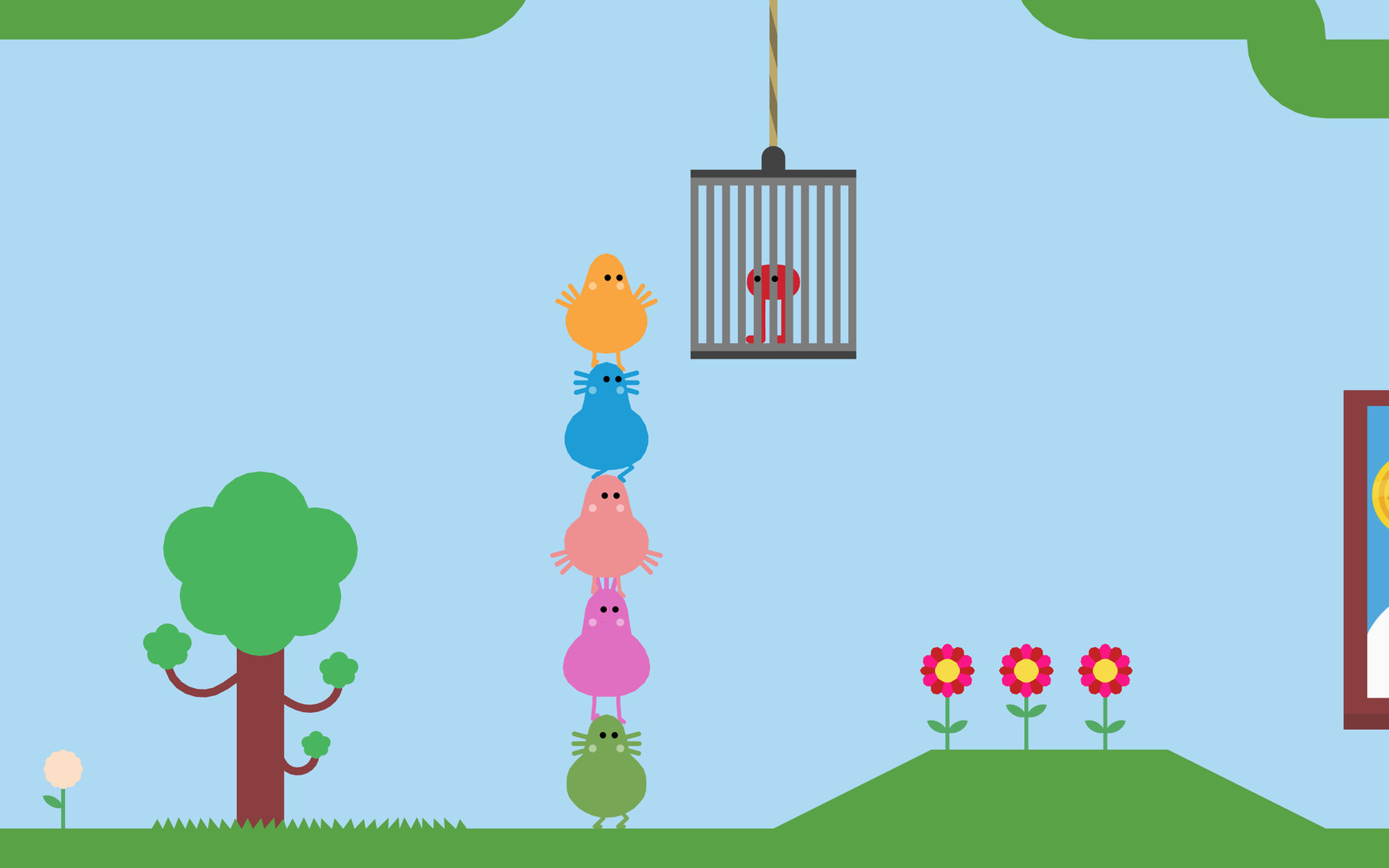 Piku and other characters stack beneath a hanging cage in a bright outdoor scene.