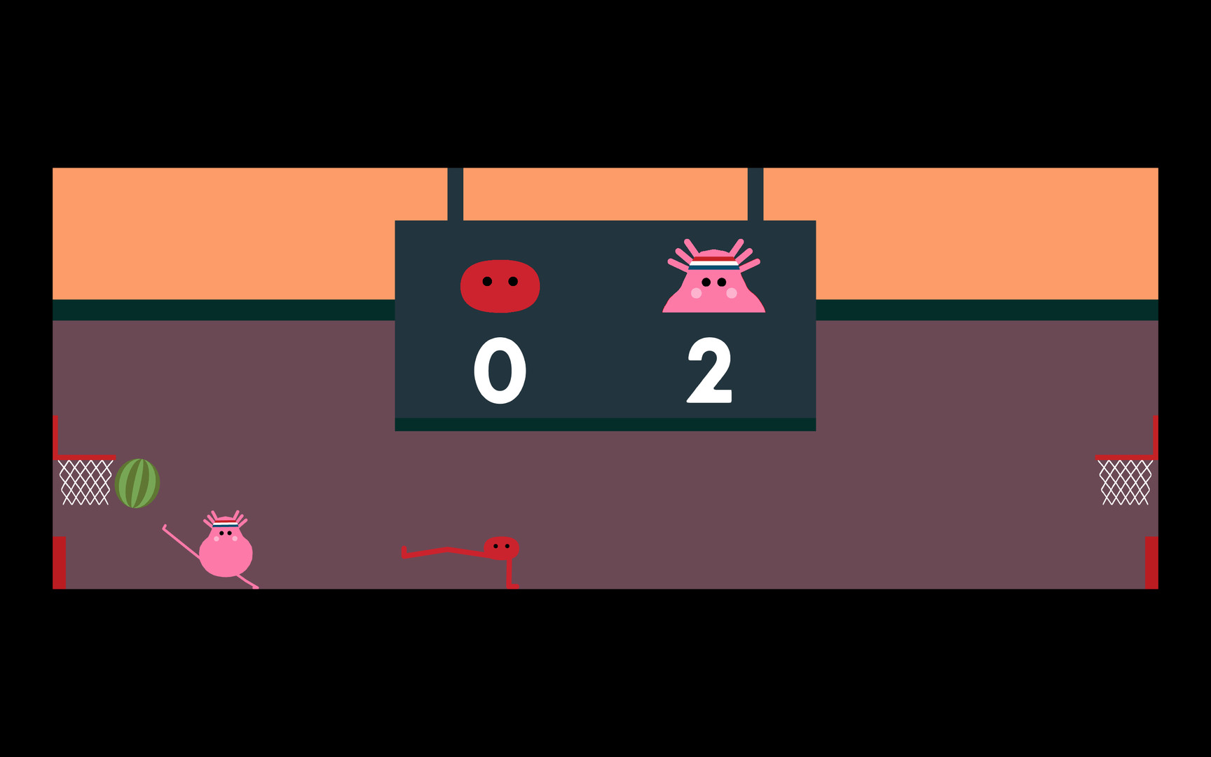 Piku and a pink opponent play a local basketball-style game.