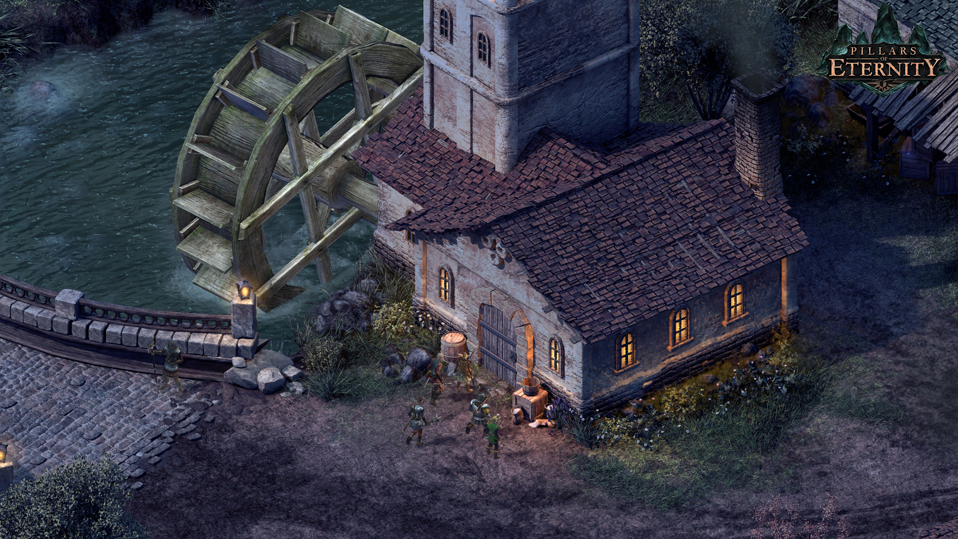 Adventurers gather outside a watermill in Eora.