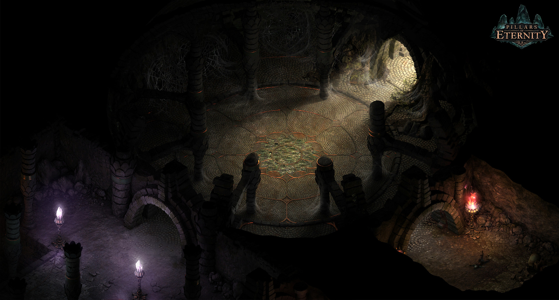 A party explores a dim underground chamber.