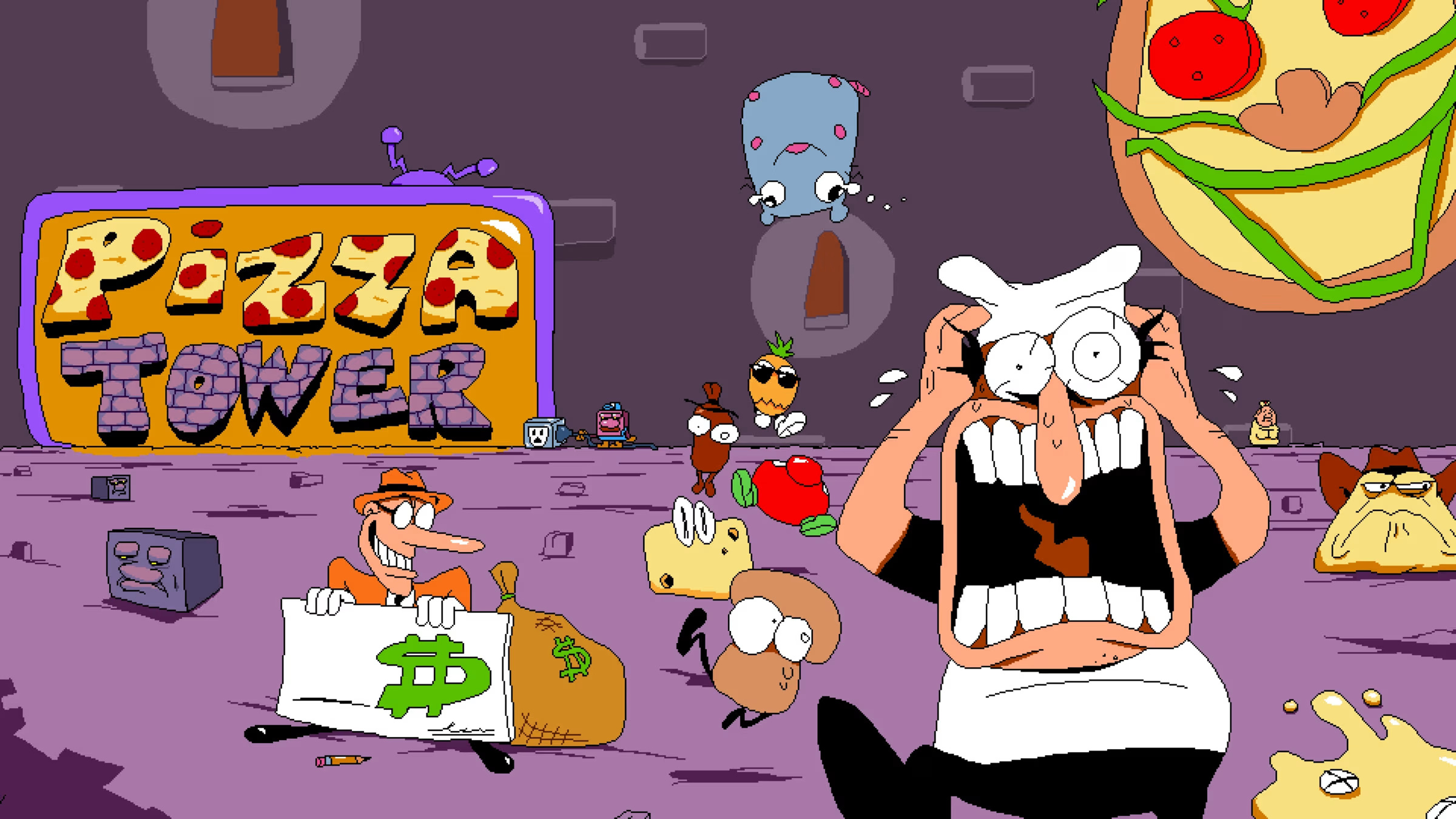 Pizza Tower promotional art with Peppino, toppings and monsters.