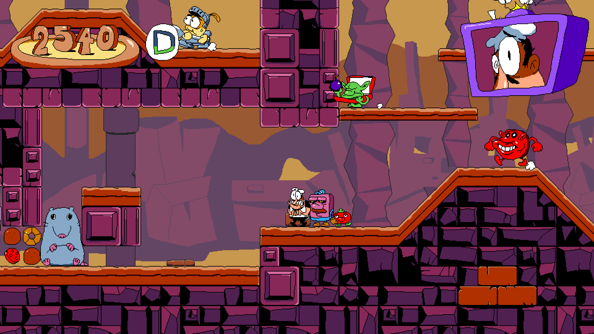 Peppino crosses a brick stage while enemies and toppings surround him.