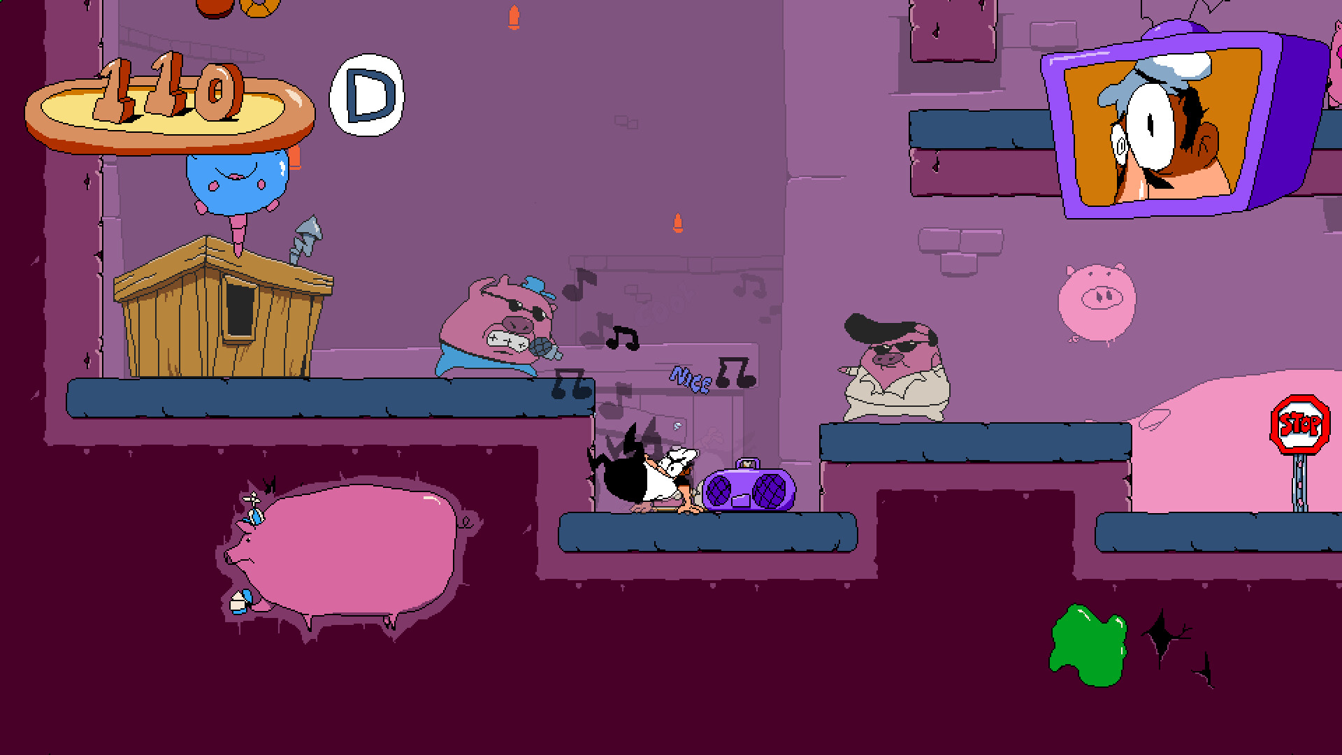 A stage screen shows enemies, platforms and Peppino during a fast run.