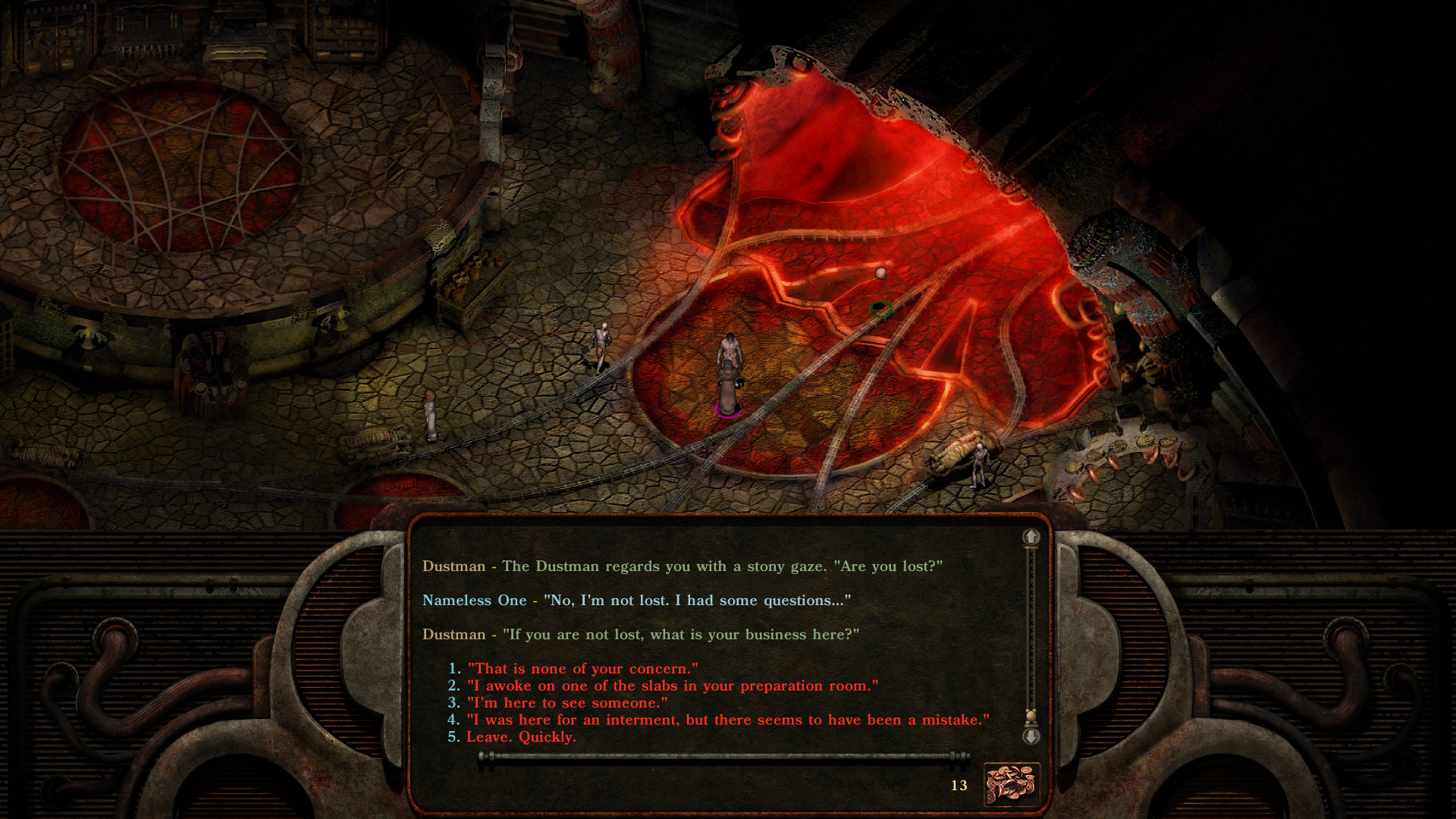 A dialogue encounter unfolds beside a red supernatural figure.